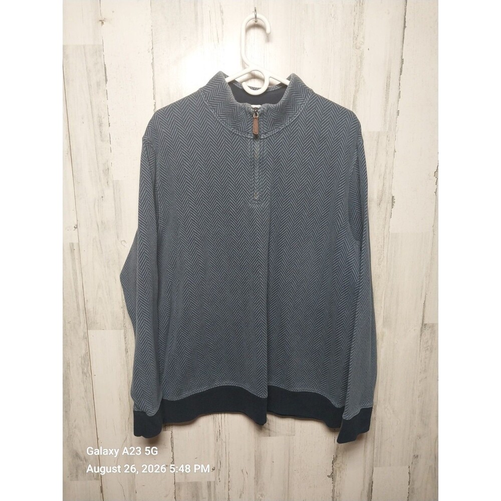 Lands End Sweater Mens XL Blue Herringbone 1/4 Zip Cotton Pullover